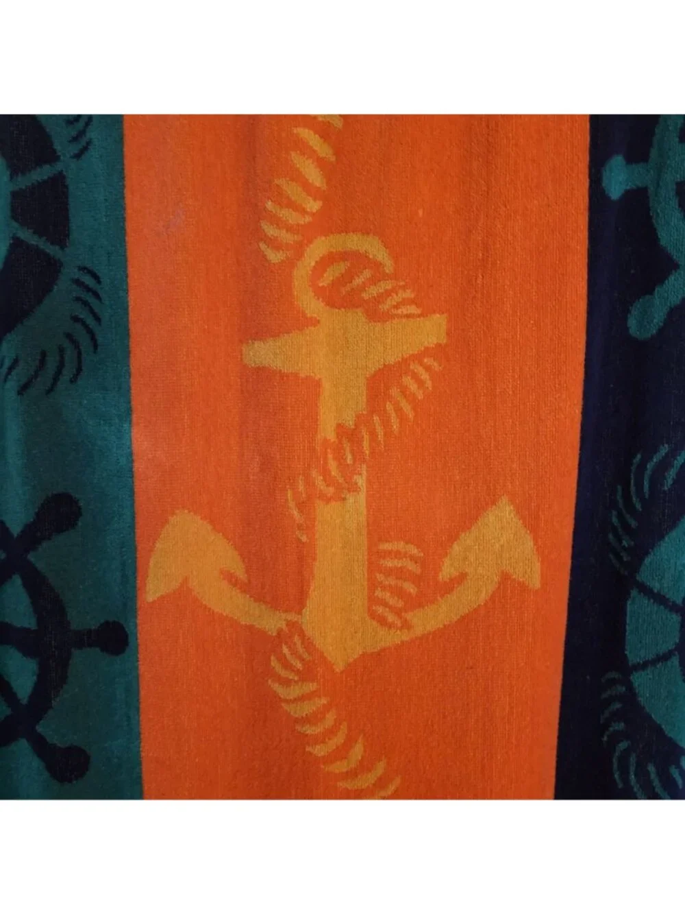 Vtg La Plage by Espalma Beach Towel Green Orange Anchor Nautical Cotton Terry